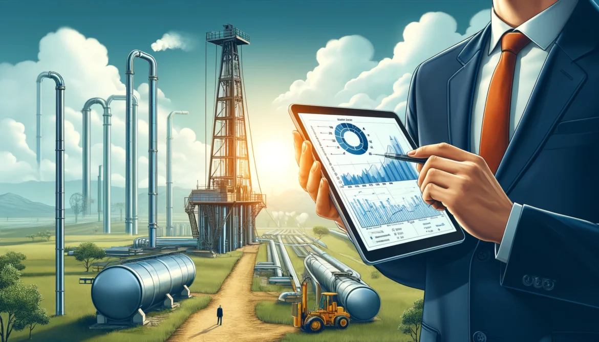 Ejecutivo revisando en tableta gráficos de mercado frente a una planta de extracción y oleoductos de gas natural en un entorno rural.