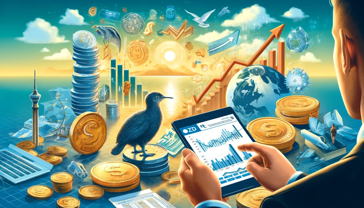 Gráfico ilustrado del dólar neozelandés con un ave kiwi, pilas de monedas, un tablet con datos bursátiles y la Sky Tower de Auckland frente a un amanecer oceánico.