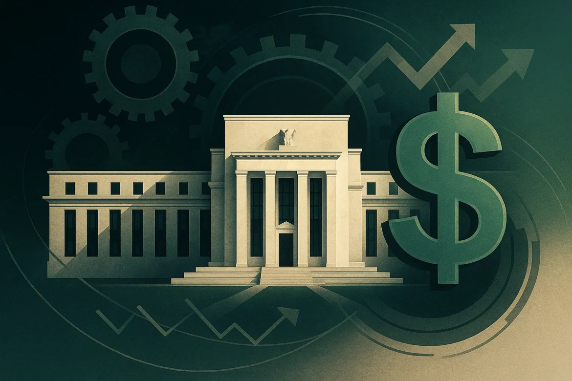 Ilustración estilizada de la sede de la Reserva Federal de EE. UU. con engranajes al fondo, flechas ascendentes y un gran símbolo del dólar, representando el impacto de la política monetaria en el crecimiento económico.