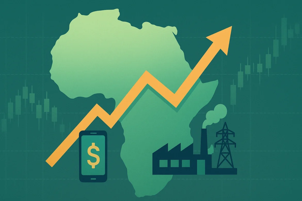 Ilustración vectorial con la silueta de África en color verde, atravesada por una flecha amarilla ascendente; en la parte inferior se aprecia un teléfono móvil con símbolo de dólar, una fábrica y una torre eléctrica, sobre un fondo con velas bursátiles.