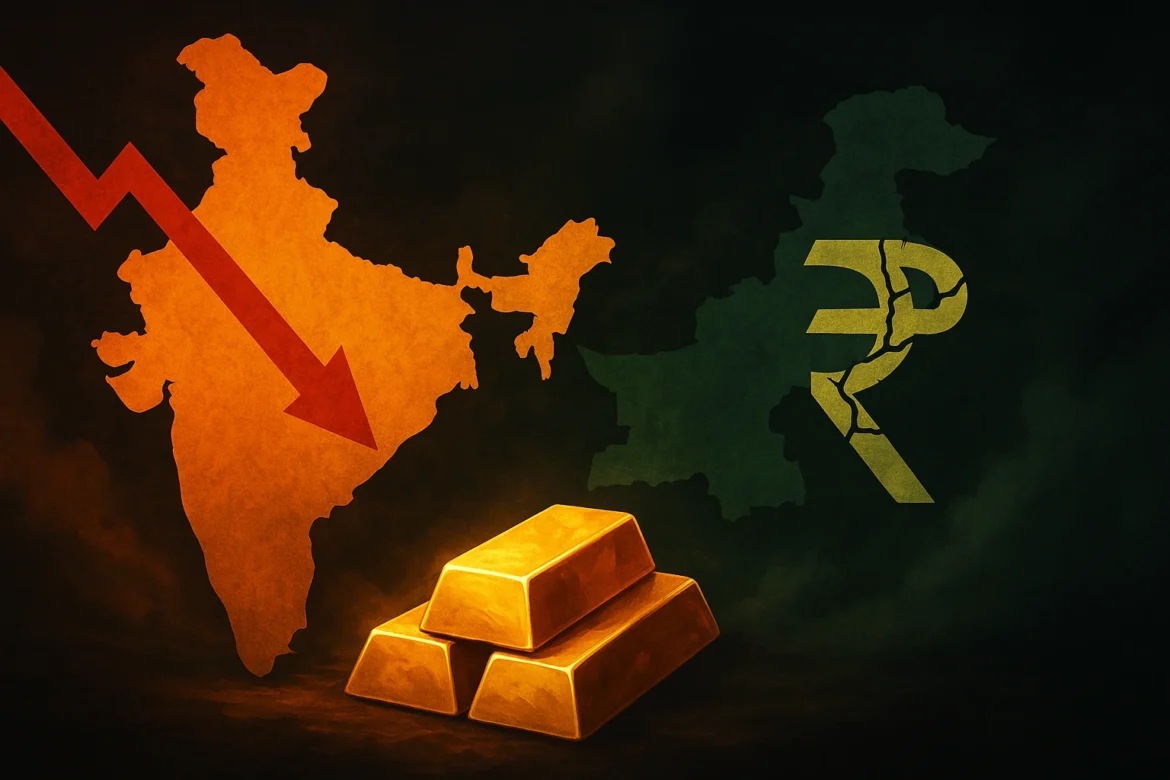 Ilustración con un mapa naranja de India atravesado por una flecha roja descendente, tres lingotes de oro brillando en el centro y un mapa verde de Pakistán con un símbolo de rupia agrietado, todo sobre un fondo oscuro que evoca inestabilidad económica.